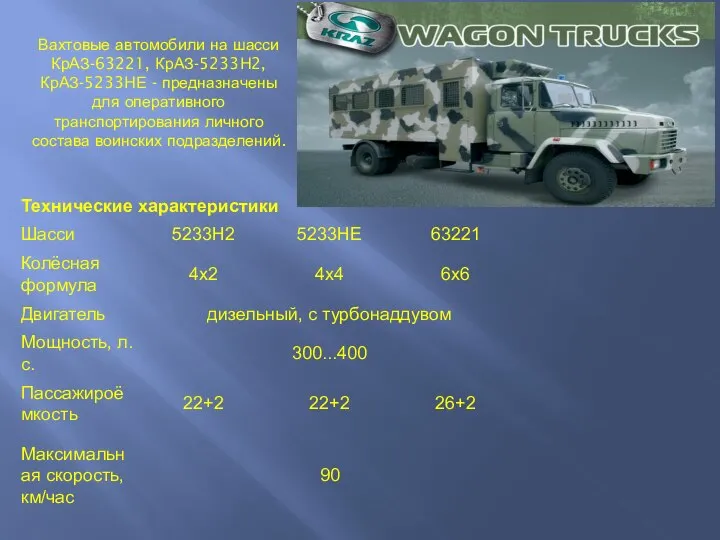 Вахтовые автомобили на шасси КрАЗ-63221, КрАЗ-5233Н2, КрАЗ-5233НЕ - предназначены для оперативного транспортирования личного состава воинских подразделений.