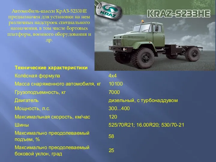 Автомобиль-шасси КрАЗ-5233НЕ предназначен для установки на нем различных надстроек специального назначения,