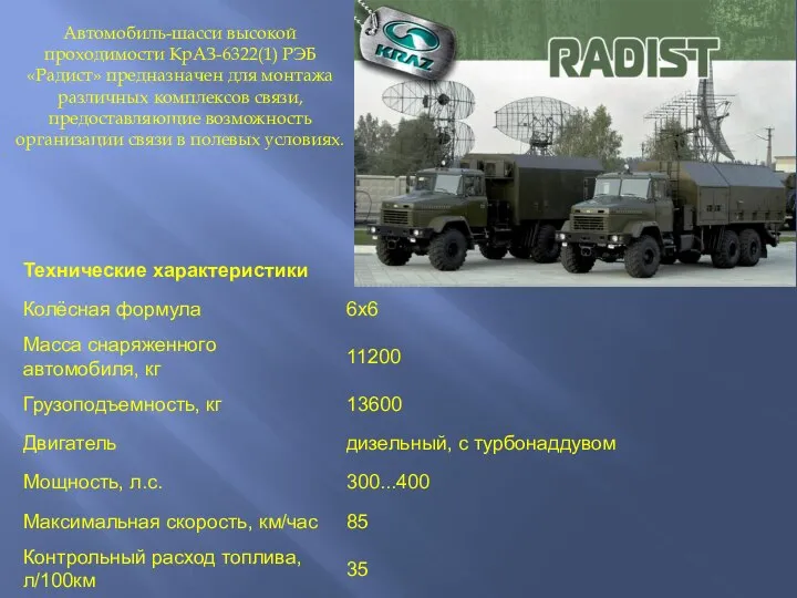 Автомобиль-шасси высокой проходимости КрАЗ-6322(1) РЭБ «Радист» предназначен для монтажа различных комплексов
