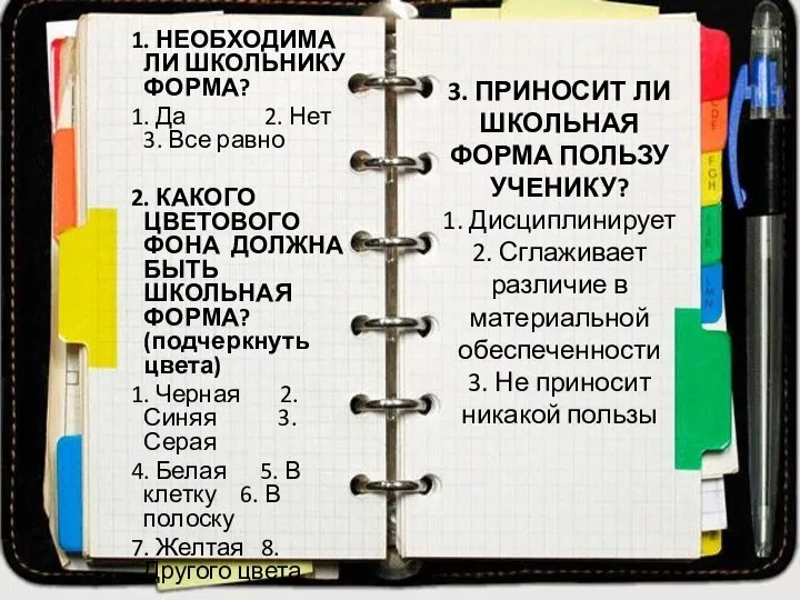 3. ПРИНОСИТ ЛИ ШКОЛЬНАЯ ФОРМА ПОЛЬЗУ УЧЕНИКУ? 1. Дисциплинирует 2. Сглаживает