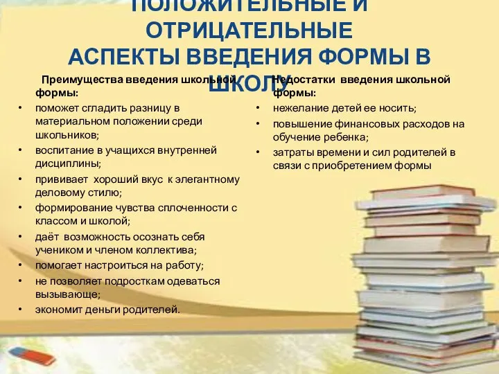 ПОЛОЖИТЕЛЬНЫЕ И ОТРИЦАТЕЛЬНЫЕ АСПЕКТЫ ВВЕДЕНИЯ ФОРМЫ В ШКОЛУ Преимущества введения школьной