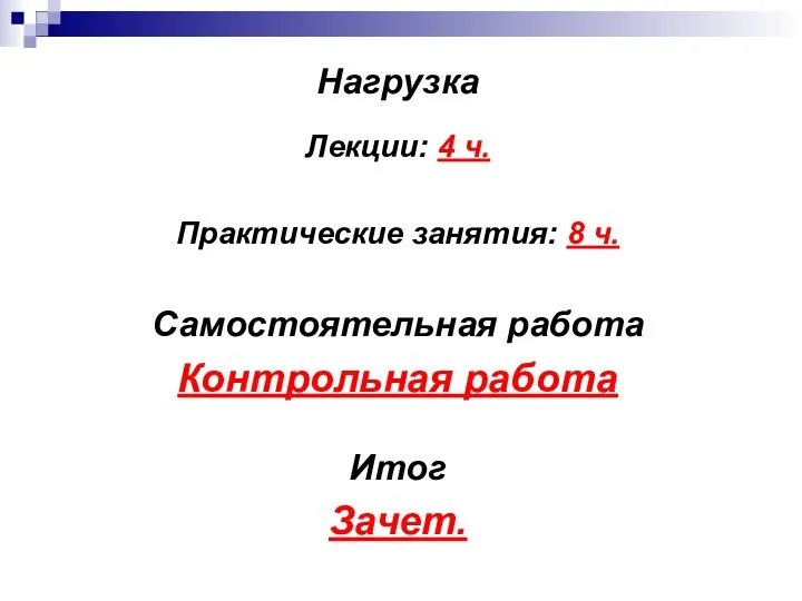 Нагрузка Лекции: 4 ч. Практические занятия: 8 ч. Самостоятельная работа Контрольная работа Итог Зачет.