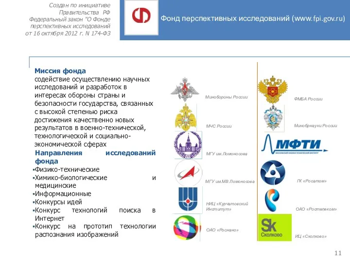 Фонд перспективных исследований (www.fpi.gov.ru) Создан по инициативе Правительства РФ Федеральный закон