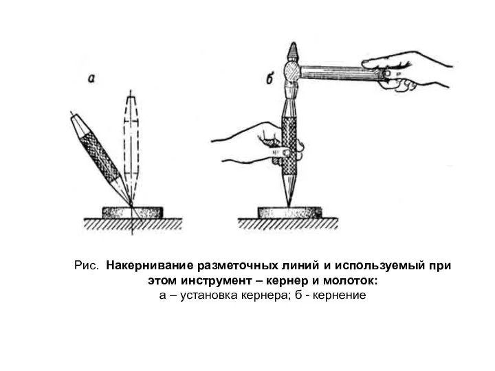 Рис. Накернивание разметочных линий и используемый при этом инструмент – кернер