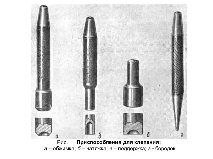 Рис. Приспособления для клепания: а – обжимка; б – натяжка; в – поддержка; г - бородок