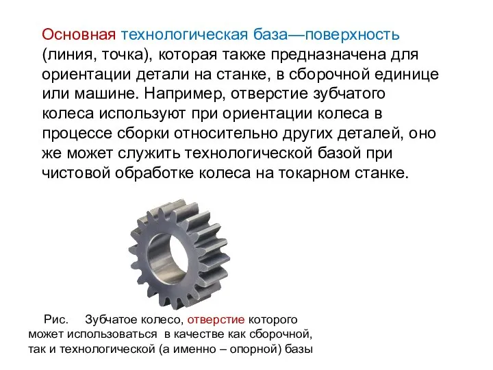 Основная технологическая база—поверхность (линия, точка), которая также предназначена для ориентации детали