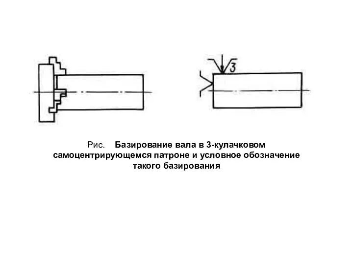Рис. Базирование вала в 3-кулачковом самоцентрирующемся патроне и условное обозначение такого базирования