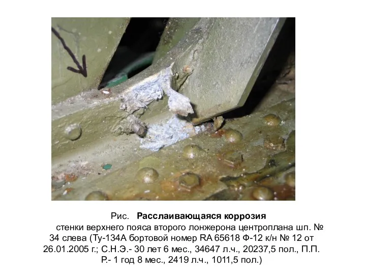 Рис. Расслаивающаяся коррозия стенки верхнего пояса второго лонжерона центроплана шп. №