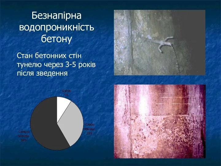 Безнапірна водопроникність бетону Стан бетонних стін тунелю через 3-5 років після зведення