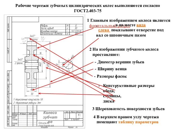 Рабочие чертежи зубчатых цилиндрических колес выполняются согласно ГОСТ2.403-75 1 Главным изображением