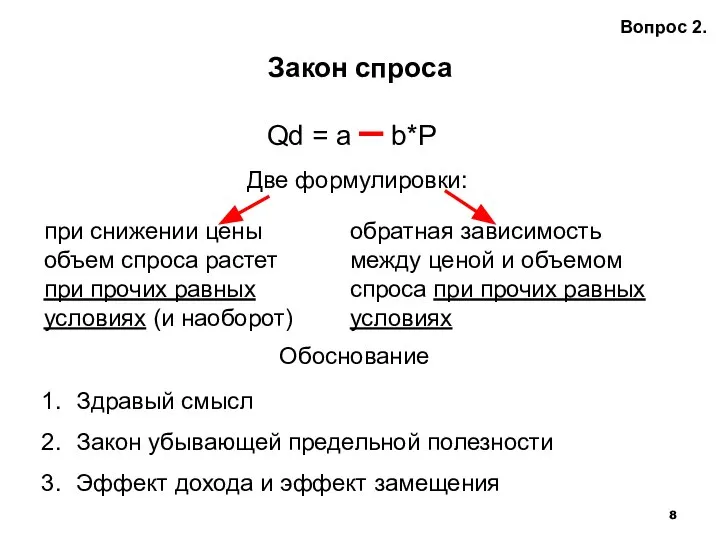 Закон спроса Вопрос 2. Qd = а – b*P при снижении