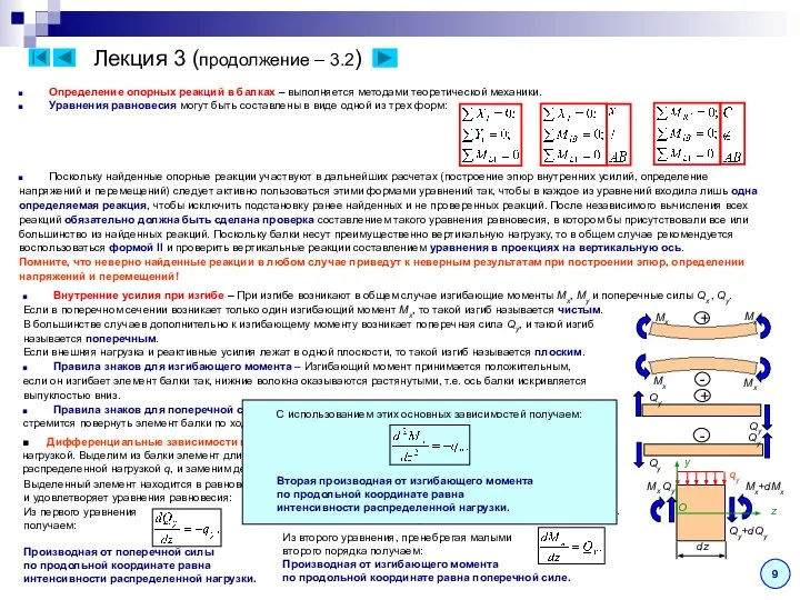 Лекция 3 (продолжение – 3.2) 9 Определение опорных реакций в балках