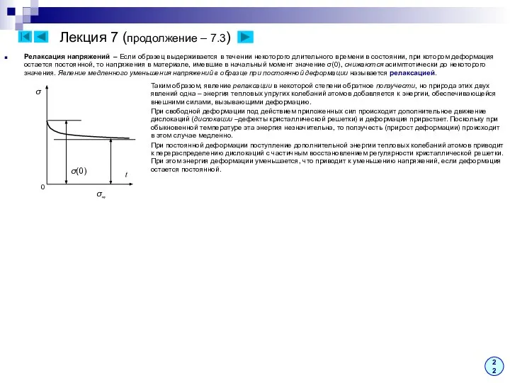 Лекция 7 (продолжение – 7.3) Релаксация напряжений – Если образец выдерживается