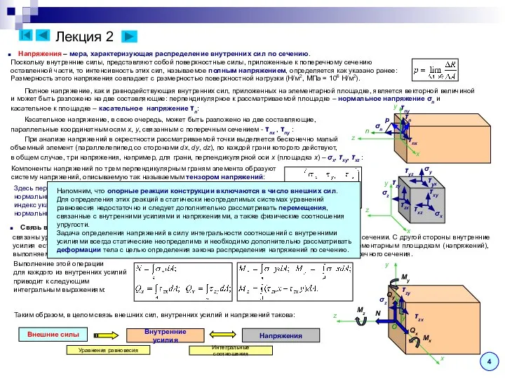 Лекция 2 4 Напряжения – мера, характеризующая распределение внутренних сил по