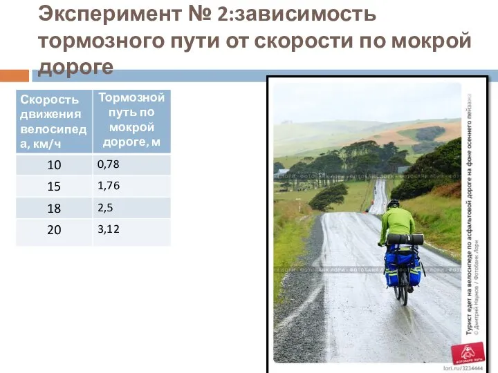 Эксперимент № 2:зависимость тормозного пути от скорости по мокрой дороге