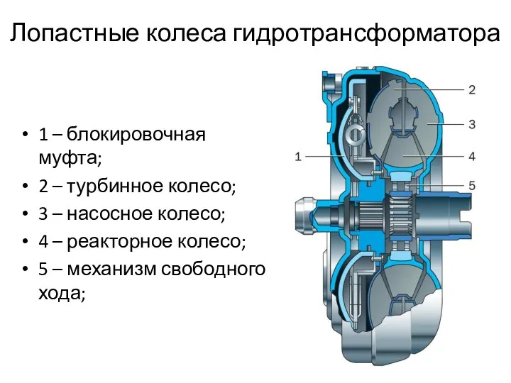 Лопастные колеса гидротрансформатора 1 – блокировочная муфта; 2 – турбинное колесо;