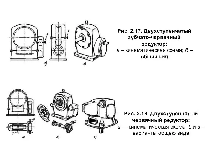 Рис. 2.17. Двухступенчатый зубчато-червячный редуктор: а – кинематическая схема; б –