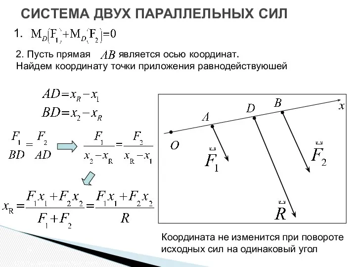 СИСТЕМА ДВУХ ПАРАЛЛЕЛЬНЫХ СИЛ Центр параллельных сил 1. 2. Пусть прямая