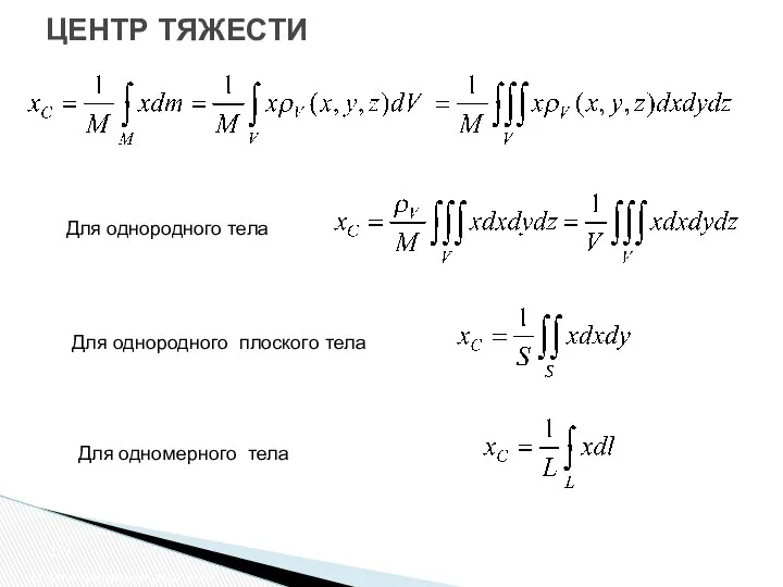 ЦЕНТР ТЯЖЕСТИ Центр параллельных сил Для однородного тела Для однородного плоского тела Для одномерного тела