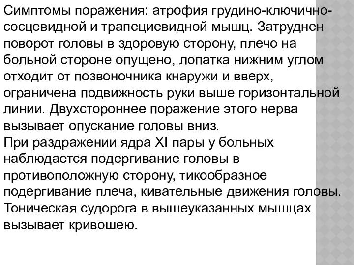 Симптомы поражения: атрофия грудино-ключично-сосцевидной и трапециевидной мышц. Затруднен поворот головы в