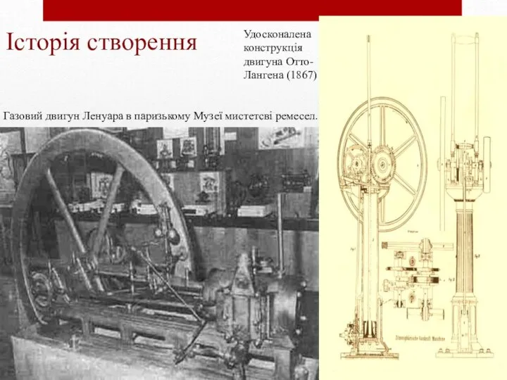 Історія створення Газовий двигун Ленуара в паризькому Музеї мистетсві ремесел. Удосконалена конструкція двигуна Отто-Лангена (1867)