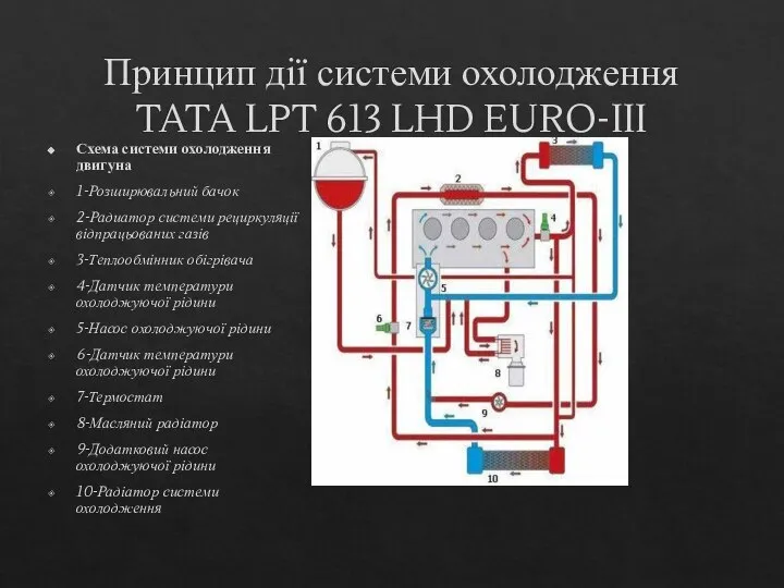 Принцип дії системи охолодження TATA LPT 613 LHD EURO-III Схема системи