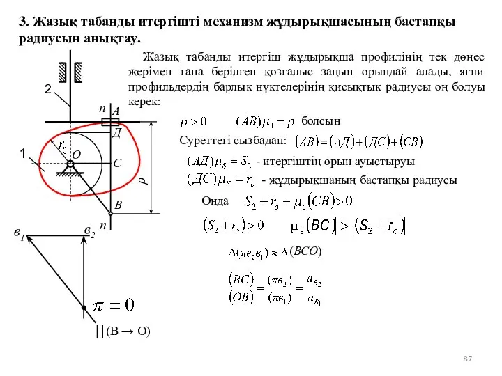 3. Жазық табанды итергішті механизм жұдырықшасының бастапқы радиусын анықтау. 1 B