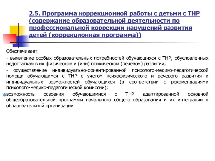 2.5. Программа коррекционной работы с детьми с ТНР (содержание образовательной деятельности