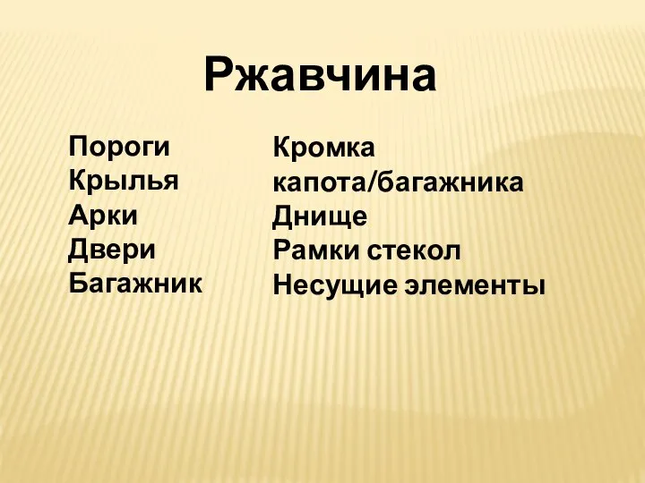 Ржавчина Пороги Крылья Арки Двери Багажник Кромка капота/багажника Днище Рамки стекол Несущие элементы