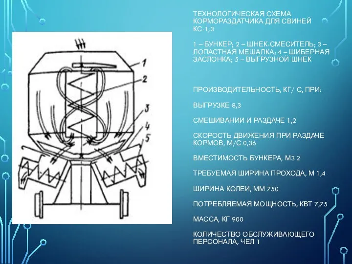 ТЕХНОЛОГИЧЕСКАЯ СХЕМА КОРМОРАЗДАТЧИКА ДЛЯ СВИНЕЙ КС-1,3 1 – БУНКЕР; 2 –