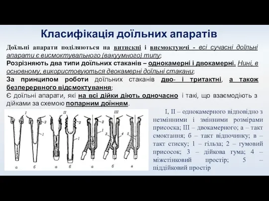 Класифікація доїльних апаратів Доїльні апарати поділяються на витискні і висмоктуючі -