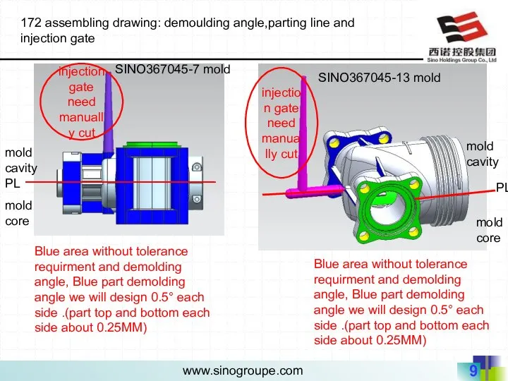 172 assembling drawing: demoulding angle,parting line and injection gate PL mold