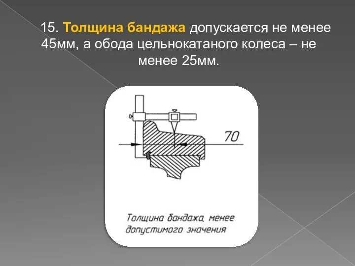 15. Толщина бандажа допускается не менее 45мм, а обода цельнокатаного колеса – не менее 25мм.