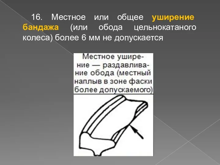 16. Местное или общее уширение бандажа (или обода цельнокатаного колеса) более 6 мм не допускается