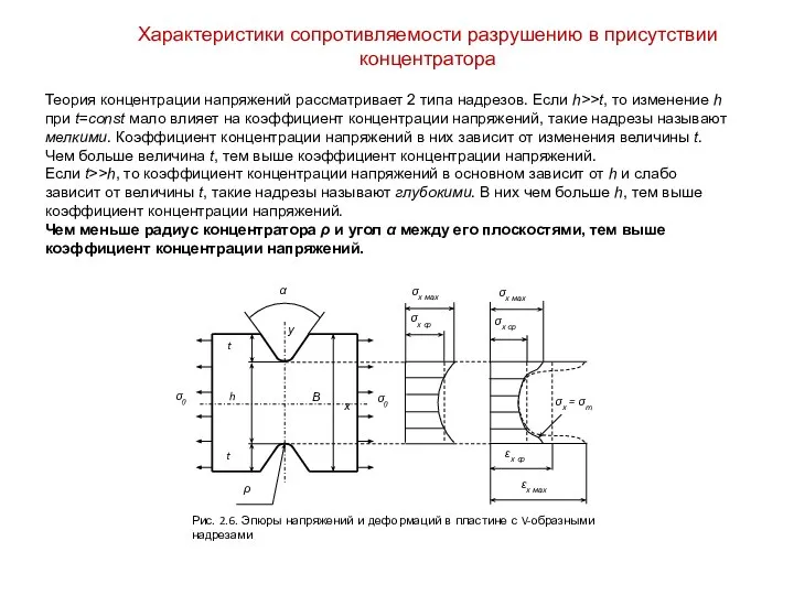 Характеристики сопротивляемости разрушению в присутствии концентратора Теория концентрации напряжений рассматривает 2