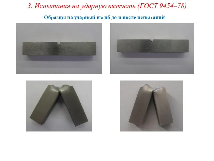 3. Испытания на ударную вязкость (ГОСТ 9454–78) Образцы на ударный изгиб до и после испытаний