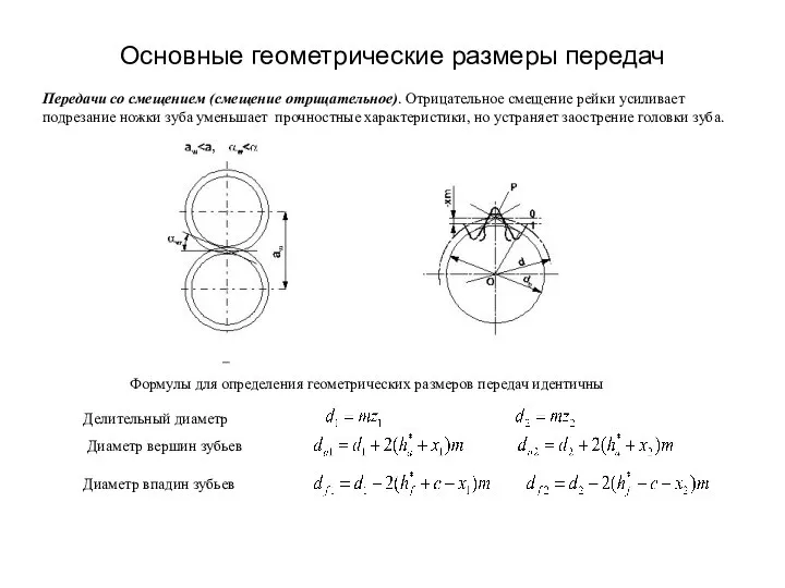 Основные геометрические размеры передач Передачи со смещением (смещение отрицательное). Отрицательное смещение