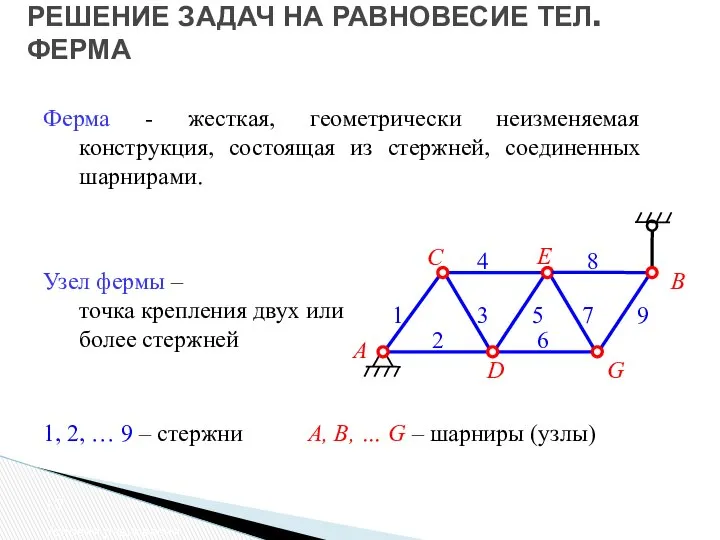 РЕШЕНИЕ ЗАДАЧ НА РАВНОВЕСИЕ ТЕЛ. ФЕРМА Условия равновесия Ферма - жесткая,