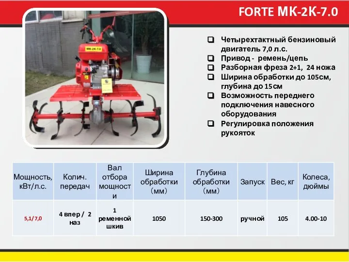FORTE МК-2К-7.0 Четырехтактный бензиновый двигатель 7,0 л.с. Привод - ремень/цепь Разборная