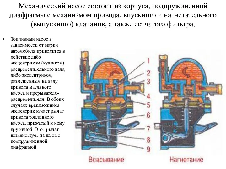 Механический насос состоит из корпуса, подпружиненной диафрагмы с механизмом привода, впускного