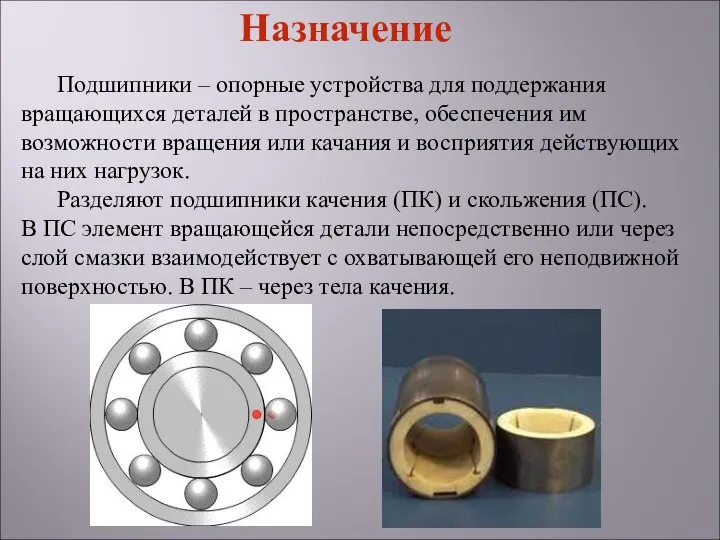 Подшипники – опорные устройства для поддержания вращающихся деталей в пространстве, обеспечения