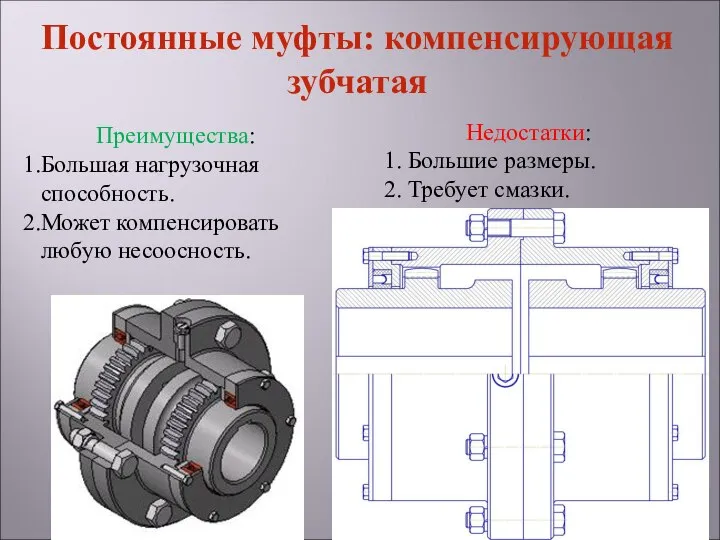 Недостатки: 1. Большие размеры. 2. Требует смазки. Преимущества: Большая нагрузочная способность.