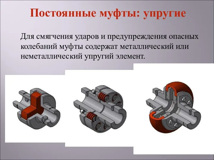 Для смягчения ударов и предупреждения опасных колебаний муфты содержат металлический или