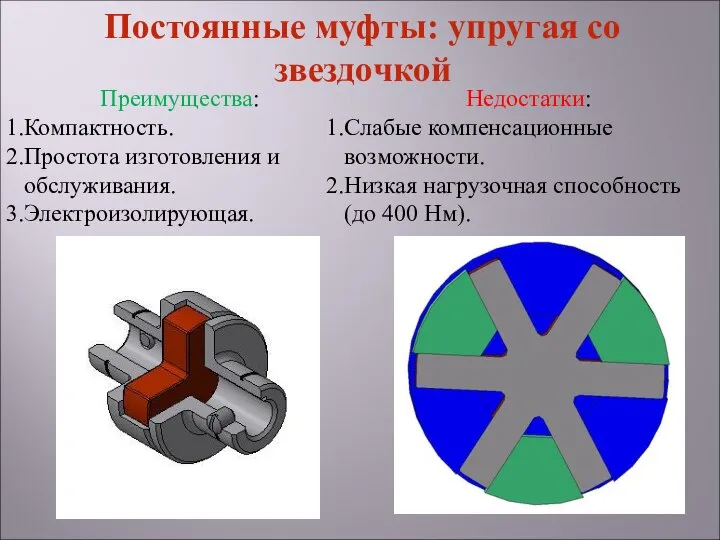 Недостатки: Слабые компенсационные возможности. Низкая нагрузочная способность (до 400 Нм). Преимущества: