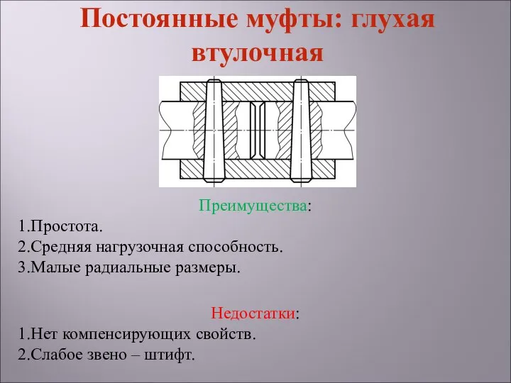 Преимущества: Простота. Средняя нагрузочная способность. Малые радиальные размеры. Недостатки: Нет компенсирующих