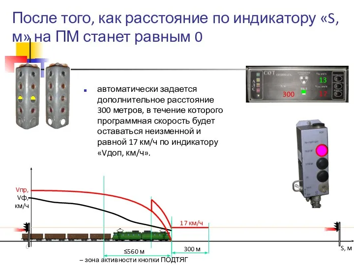 После того, как расстояние по индикатору «S, м» на ПМ станет