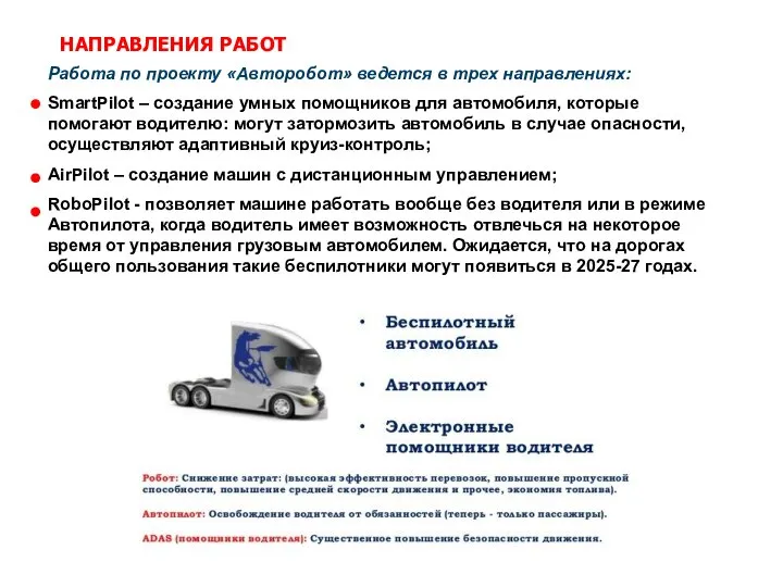 Работа по проекту «Авторобот» ведется в трех направлениях: SmartPilot – создание