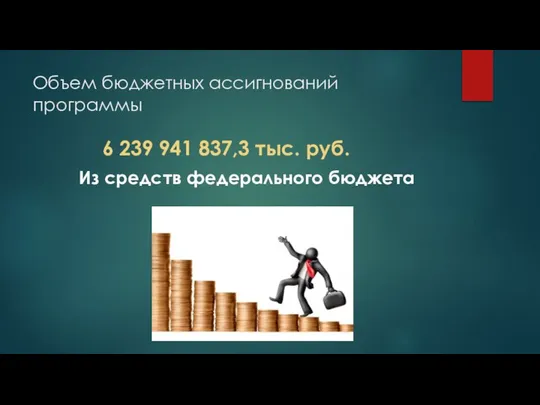 Объем бюджетных ассигнований программы Из средств федерального бюджета 6 239 941 837,3 тыс. руб.