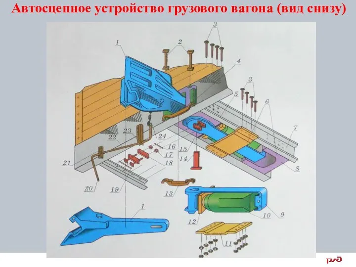 Автосцепное устройство грузового вагона (вид снизу)