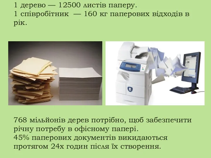 1 дерево — 12500 листів паперу. 1 співробітник — 160 кг